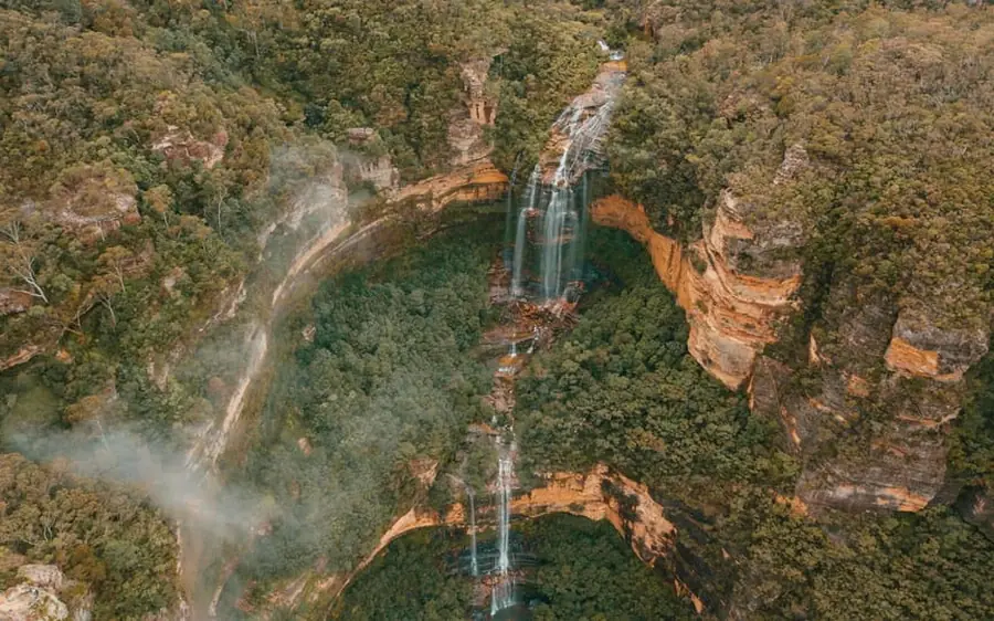 Wentworth Falls dropping into the valley, seen from above
