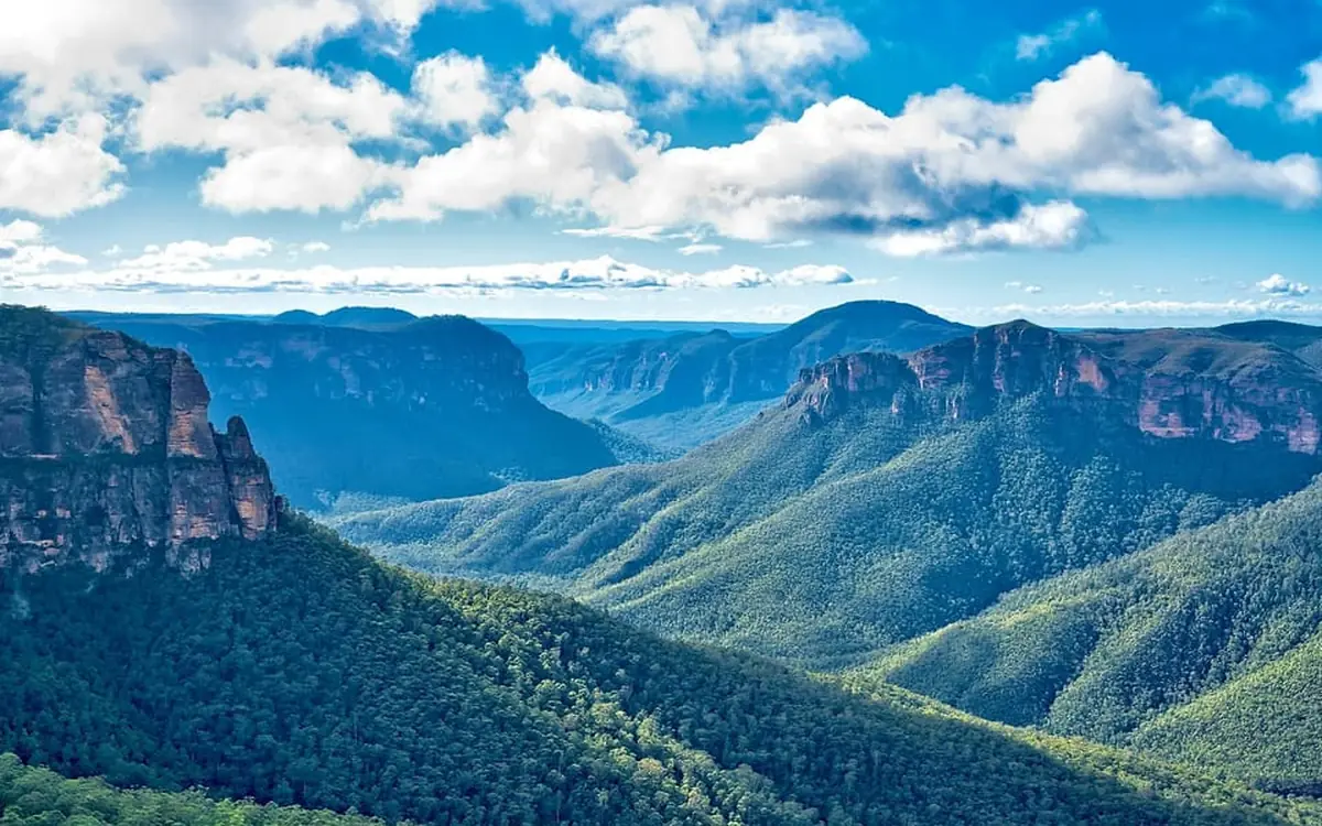 The Three Sisters and the Jamison Valley filmed from a drone